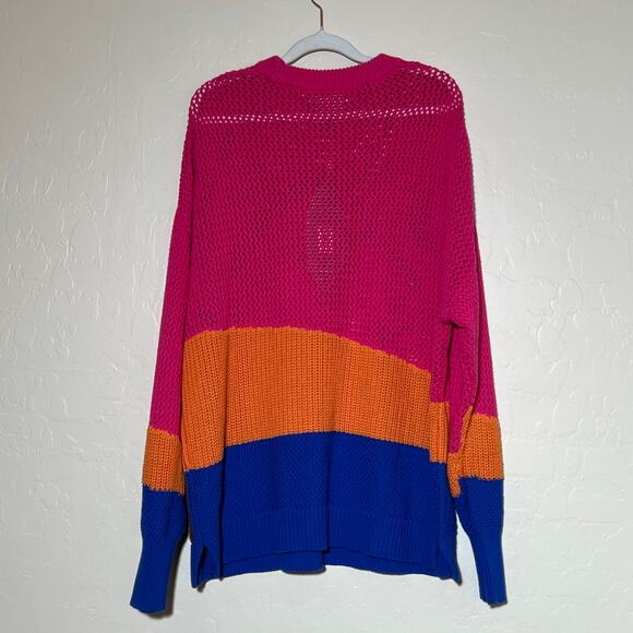 Farm Rio Amazon Stamps Open Knit Cotton Sweater Pink Womens Size Large Island - Picture 10 of 14